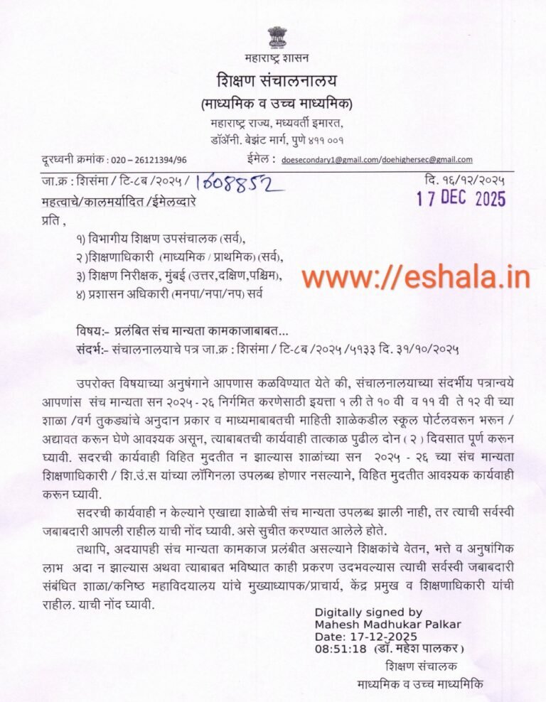 Sanch Manyata संचमान्यता अपडेट - www.eshala.in