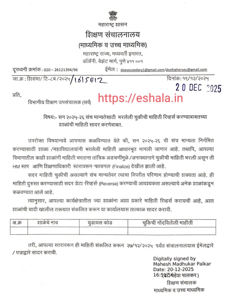 सन २०२५-२६ संच मान्यतेसाठी भरलेली चुकीची माहिती रिव्हर्स करण्याबाबतच्या शाळांची माहिती सादर करणेबाबत.