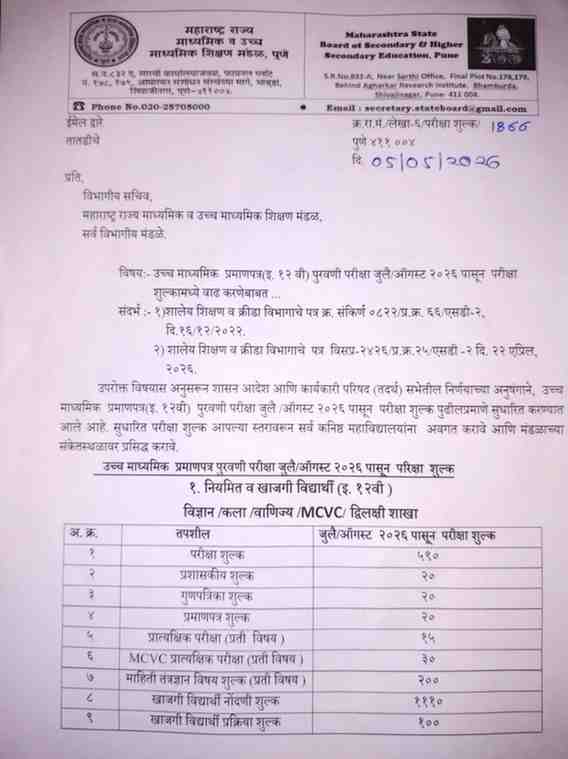 उच्च माध्यमिक प्रमाणपत्र (इ. १२ वी) पुरवणी परीक्षा जुलै ऑगस्ट २०२६ पासून परीक्षा शुल्कामध्ये वाढ करणेबाबत Std 12th HSC Exam Fee Increase