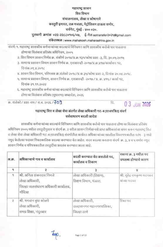 महाराष्ट्र वित्त व लेखा सेवा अंतर्गत लेखा अधिकारी गट-ब (राजपत्रित) संवर्ग सर्वसाधारण बदली आदेश Maharashtra Finance And Accounts Service Assistant Accounts Officer Group B (Gazetted) Cadre Periodic Transfers