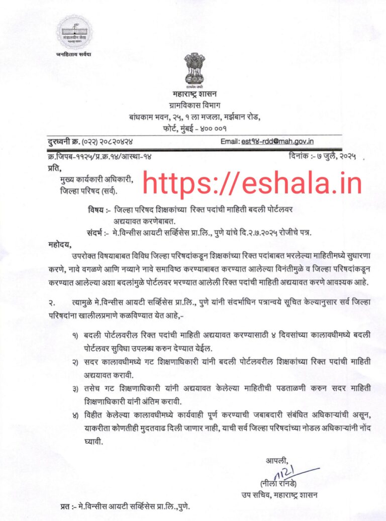 Update Data of Teachers in District for Intra District Transfer of Zilla Parishad Teachers