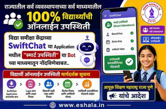 राज्यातील सर्व व्यवस्थापनाच्या सर्व माध्यमातील १००% विद्यार्थ्यांची ऑनलाइन उपस्थिती विद्या समीक्षा केंद्राच्या SwiftChat या Application मधील "स्मार्ट उपस्थिती" या Bot च्या माध्यमातून नोंदविणेबाबत Online Attendance of Students on Smart Attendance Bot under Vidya Samiksha Kendra Swift Chat Application Link SCERT Guidelines ﻿