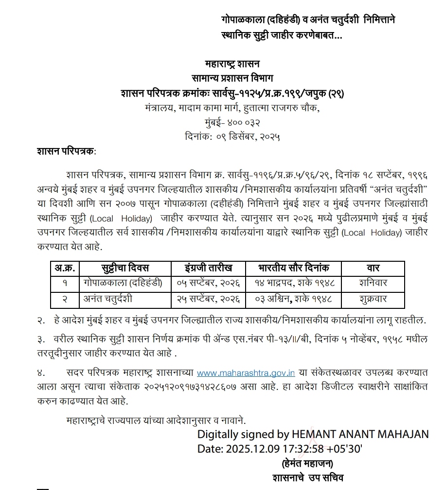 गोपाळकाला (दहिहंडी) व अनंत चतुर्दशी निमित्ताने स्थानिक सुट्टी जाहीर करणेबाबत