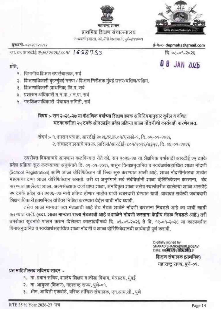 सन २०२६-२७ या शैक्षणिक वर्षाच्या शिक्षण हक्क अधिनियमानुसार दुर्बल व वंचित घटकाकरीता २५ टक्के ऑनलाईन प्रवेश प्रक्रिया शाळा नोंदणीची कार्यवाही करणेबाबत RTE 25 Persent Online Admission Process Date Schedule Registration Link