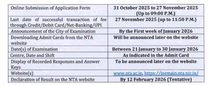 JEE Exam Schedule Registration Link