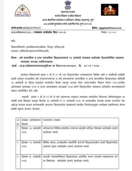 सर्व माध्यमिक व उच्च माध्यमिक विद्यालयामध्ये १४ जानेवारी व्यवसाय मार्गदर्शन दिनानानिमित्त व्यवसायमार्गदर्शन साप्ताह राबविण्याबाबत Vyvsay Din Margdarshan Saptah for Students