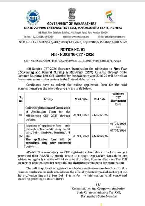 NOTICE NO. 01 MH - NURSING CET-2026