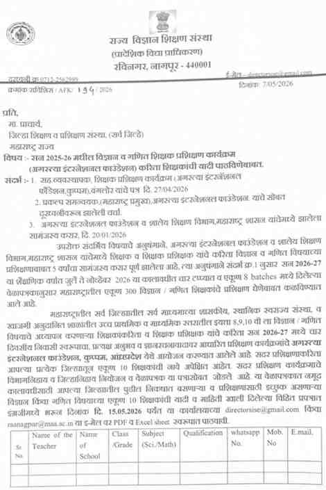 सन 2025-26 मधील विज्ञान व गणित शिक्षक प्रशिक्षण कार्यक्रम (अगस्त्या इंटरनेशनल फाउंडेशन) करिता शिक्षकांची यादी पाठविणेबाबत. विज्ञान व गणित शिक्षक प्रशिक्षण कार्यक्रम अगस्त्या इंटरनेशनल फाउंडेशन Teachers Training For Math science