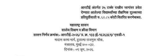 आरटीई अंतर्गत २५ टक्के राखीव जागांवर प्रवेश देण्यात आलेल्या विद्यार्थ्यांच्या शैक्षणिक शुल्काच्या प्रतिपूर्तीसाठी रु. ६२.८५ कोटी वितरित करणेबाबत RTE 25 Percent Admission Reimbursement Rate Of Education Fee Expenditure Fixed आरटीई अंतर्गत २५ टक्के अंतर्गत शाळांमध्ये प्रवेश स्तरावर राखीव जागांवर प्रवेश देण्यात आलेल्या विद्यार्थ्यांच्या शैक्षणिक खर्च शुल्क प्रतिपूर्तीचा दर ठरविणेबाबत शासन निर्णय