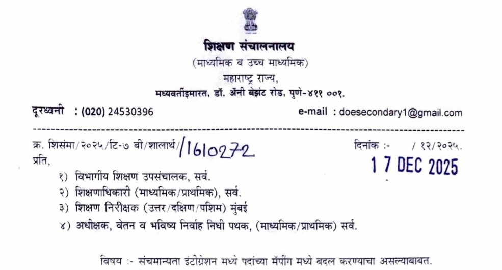 Post Mapping In Shalarth Pranali According To Sanchmanyta संचमान्यता इंटीग्रेशन मध्ये पदांच्या मॅपींग मध्ये बदल करण्याचा असल्याबाबत