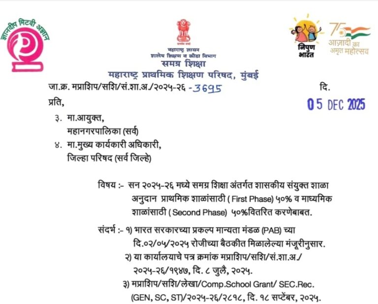 सन २०२५-२६ मध्ये समग्र शिक्षा अंतर्गत शासकीय संयुक्त शाळा अनुदान प्राथमिक शाळांसाठी (First Phase) ५०% व माध्यमिक शाळांसाठी (Second Phase) ५०% वितरित करणेबाबत.