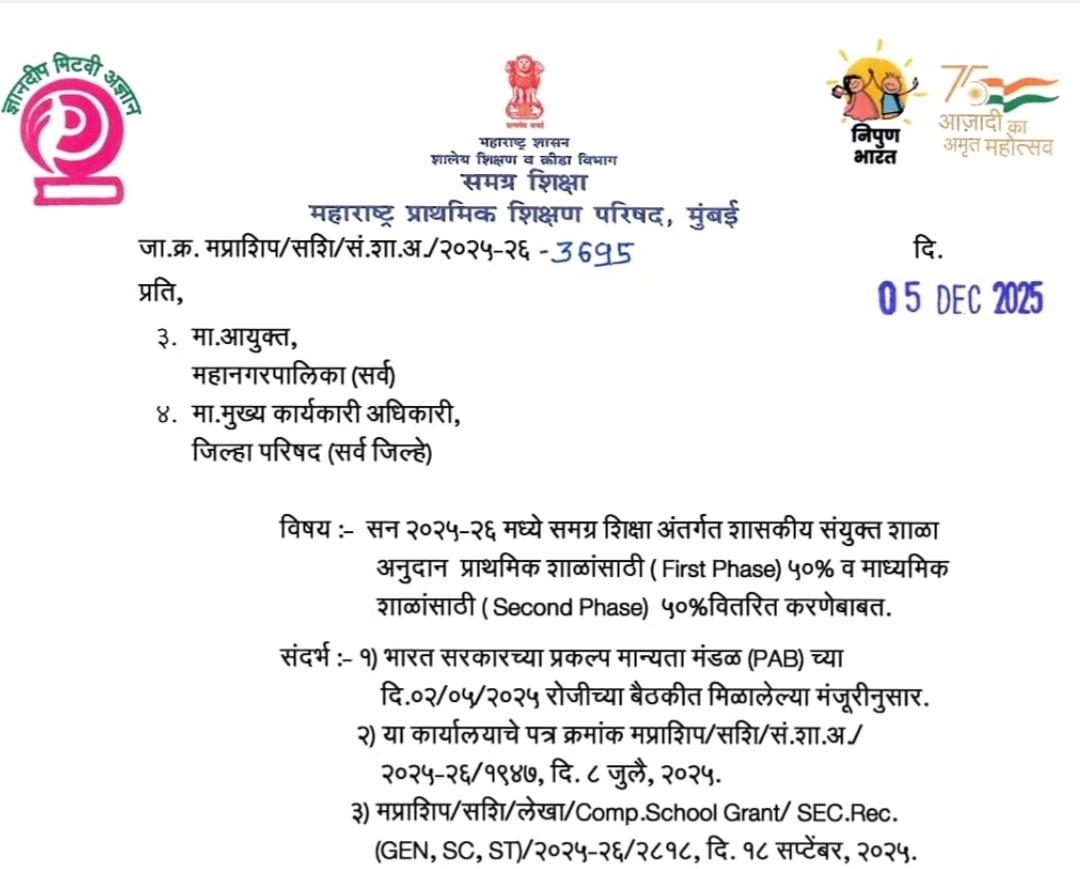 सन २०२५-२६ मध्ये समग्र शिक्षा अंतर्गत शासकीय संयुक्त शाळा अनुदान प्राथमिक शाळांसाठी (First Phase) ५०% व माध्यमिक शाळांसाठी (Second Phase) ५०% वितरित करणेबाबत.