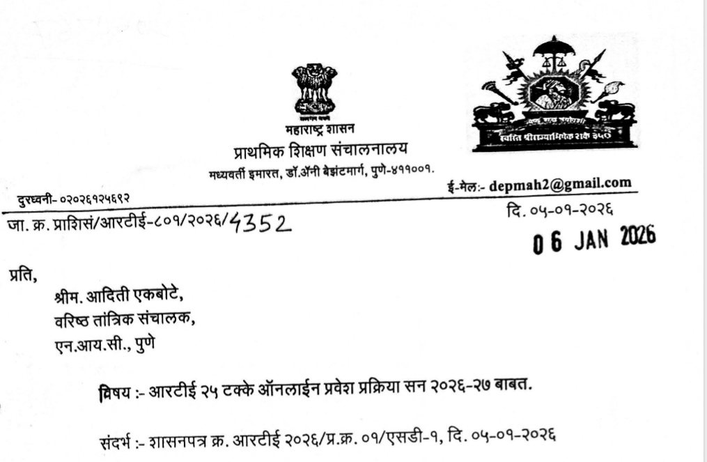 आरटीई २५ टक्के ऑनलाईन प्रवेश प्रक्रिया सन २०२६-२७ बाबत UPDATE RTE 25 PERCENT ADMISSION OPEN