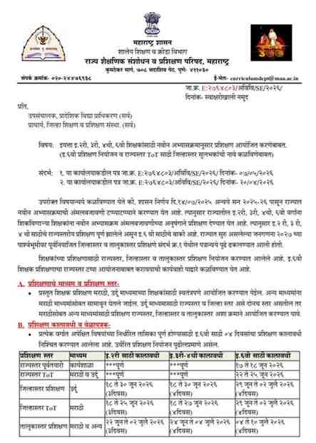 इयत्ता इ.२री, ३री, ४थी, ६वी शिक्षकांसाठी नवीन अभ्यासक्रमानुसार प्रशिक्षण आयोजित करणेबाबत. (इ.६वी प्रशिक्षण नियोजन व राज्यस्तर ToT साठी जिल्हास्तर सुलभकांची नावे कळविणेबाबत) Organizing Training For Teachers As Per New Curriculum शिक्षकांसाठी नवीन अभ्यासक्रमानुसार प्रशिक्षण इयत्ता २ री, ३ री-४ थी शिक्षकांसाठी नवीन अभ्यासक्रमानुसार प्रशिक्षण आयोजन कालावधी सुधारित करणेबाबत सूचना