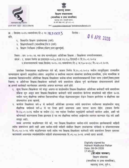 अतिरिक्त शिक्षक/शिक्षकेतर समायोजनाबाबत Shikshak Samayojan GR शिक्षकांचे समायोजन करुन त्यांना इतरत्र बदली देऊन त्यांना सेवेमध्ये समायोजित करण्यासंदर्भात शासन निर्णय