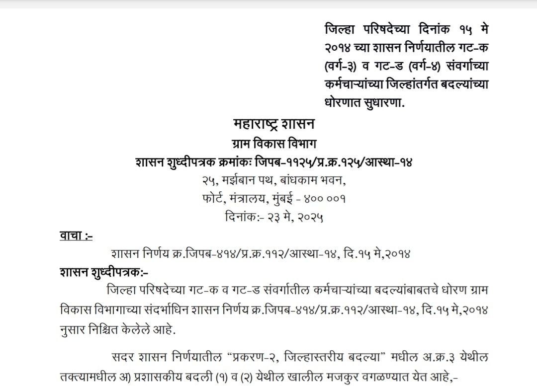 Amendment In Transfer Policy Of ZP Group C And D Employees
