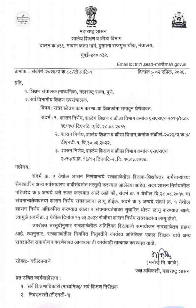 रात्रशाळेतच काम करणाऱ्या शिक्षकांना समावून घेणेबाबत अतिरिक्त शिक्षक/शिक्षकेतर समायोजनाबाबत Shikshak Samayojan GR शिक्षकांचे समायोजन करुन त्यांना इतरत्र बदली देऊन त्यांना सेवेमध्ये समायोजित करण्यासंदर्भात शासन निर्णय