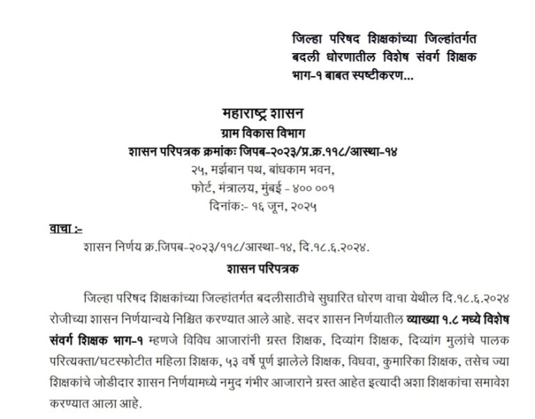 Explanation Special Cadre Teachers Part 1 In Intra District Transfer Policy Of ZP Teachers
