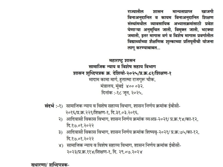 Scheme For Reimbursement Of Educational Fees SC VJNT OBC SBC Students