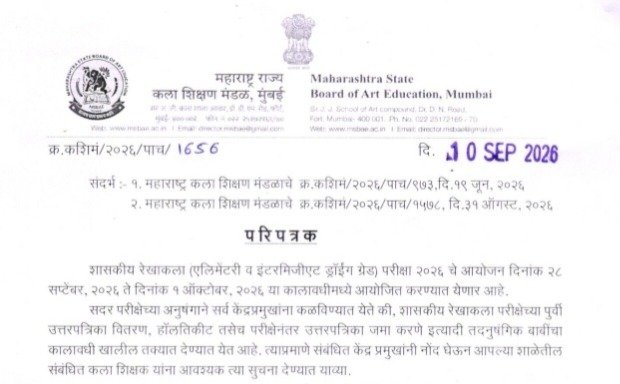 Shaskiy Rekhakala Pariksha हॉलतिकीट शासकीय रेखाकला (एलिमेंटरी व इंटरमिजीएट ड्रॉईंग ग्रेड) परीक्षा २०२६