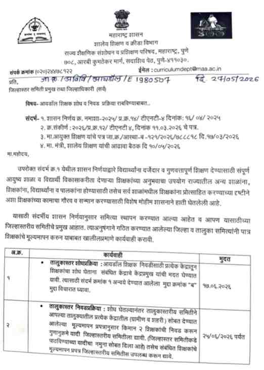 आयडॉल शिक्षक शोध व निवड प्रक्रिया राबविण्याबाबत Idol Teacher Search Process आयडॉल शिक्षक शोध प्रक्रिया