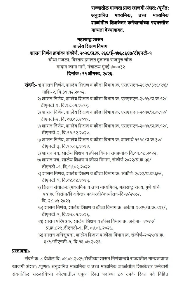 राज्यातील मान्यता प्राप्त खाजगी अंशतः/पूर्णतः अनुदानित माध्यमिक, उच्च माध्यमिक शाळांतील शिक्षकेतर कर्मचाऱ्यांच्या पदभरतीस मान्यता देण्याबाबत Shikshaketar Padbharti