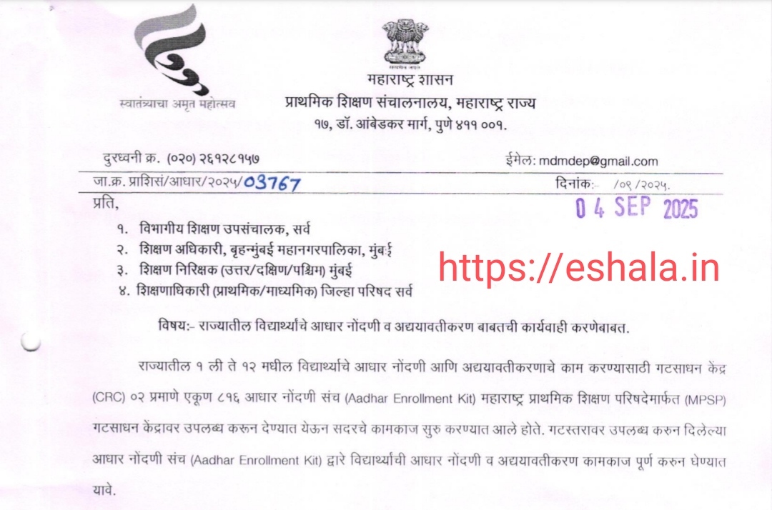 Aadhaar Registration Updating Of Students Class 1st To 12th