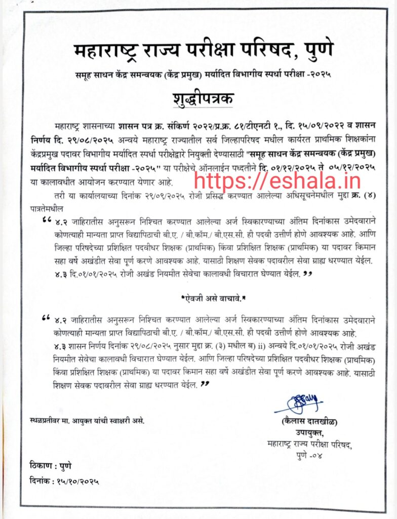 Samuh Sadhan Kendra Samnvyak Kendra Pramukh Pariksha 2025