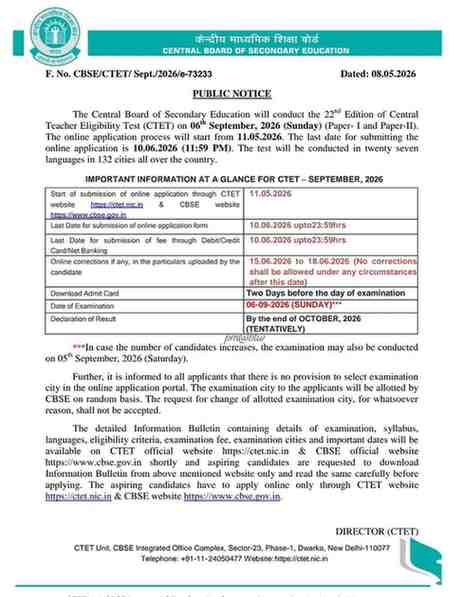 सीटिईटी परीक्षा सप्टेंबर २०२६ CTET Exam Notification