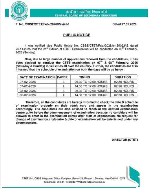 केंद्रीय शिक्षक पात्रता परीक्षा २०२६ CTET Exam Notification