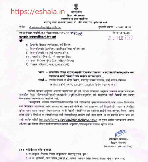 राज्यातील जिल्हा परिषद महानगरपालिका खाजगी अनुदानित विनाअनुदानित सर्व शाळांमध्ये माजी विद्यार्थी संघ स्थापन करण्याबाबत Establishment of alumni associations in all schools