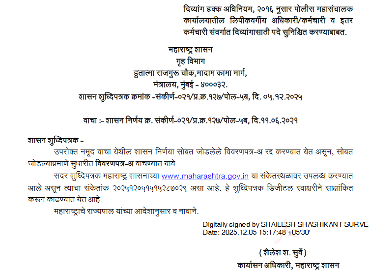 दिव्यांग हक्क अधिनियम, २०१६ नुसार पोलीस महासंचालक कार्यालयातील लिपीकवर्गीय अधिकारी/कर्मचारी व इतर कर्मचारी संवर्गात दिव्यांगासाठी पदे सुनिश्चित करण्याबाबत