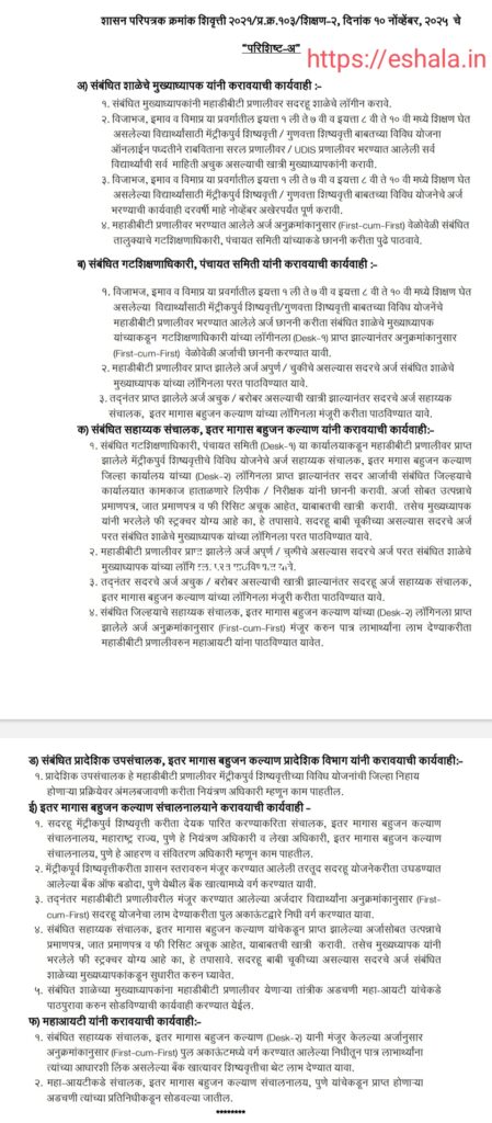 Procedure for implementing Pre-Matric Scholarship Merit Scholarship Scheme for students of class 1st to 10th in VJNT OBC SBC Online on MahaDBT Portal