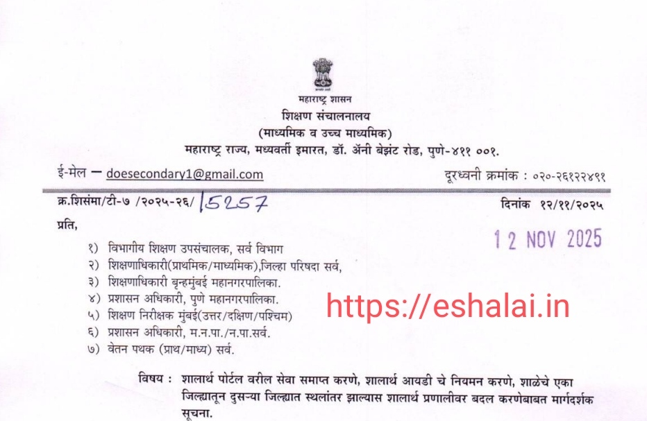 Guidelines for terminating services on Shalarth portal regulating Shalarth ID and making changes to the Shalarth Pranali in case of school relocation from one district to another