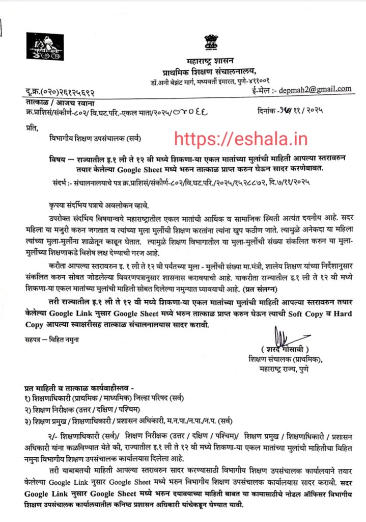 Submission of Information Children Of Single Mothers Studying In Class 1st to 12th