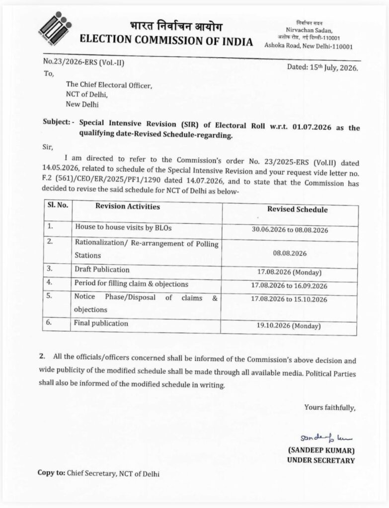 Special Intensive Revision (SIR) of Electoral Roll w.r.t. 01.07.2026 as the qualifying date-Revised Schedule-regarding.