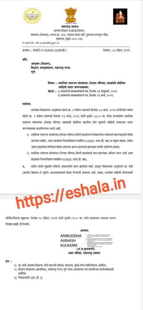 स्थानिक स्वराज्य संस्थांच्या (जिल्हा परिषद) शाळांशी संबंधित माहिती सादर करण्याबाबत
Empowerment and upgradation of primary schools of local bodies as per NEP 2020