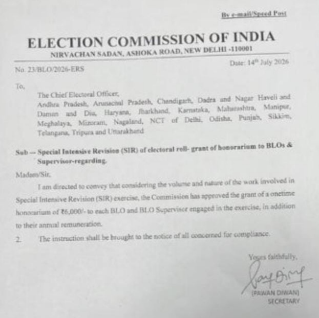 Sub-Special Intensive Revision (SIR) of electoral rell-grant of honorarium to BLOs & Supervisor-regarding.