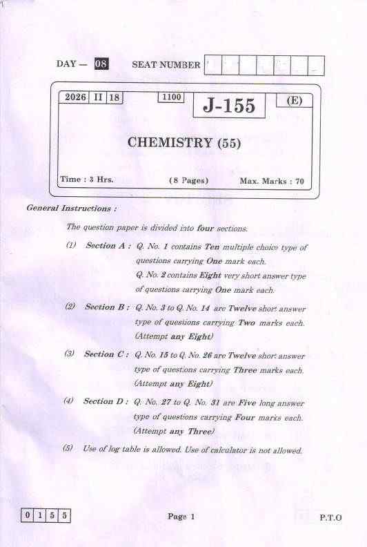 HSC Board Exam 2026 CHEMISTRY Question Paper With Answer Pdf