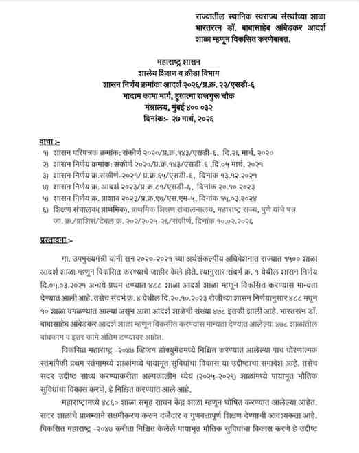 राज्यातील स्थानिक स्वराज्य संस्थांच्या शाळा भारतरत्न डॉ. बाबासाहेब आंबेडकर आदर्श शाळा म्हणून विकसित करणेबाबत Bharat Ratna Dr Babasaheb Ambedkar Aadarsh Shala GR