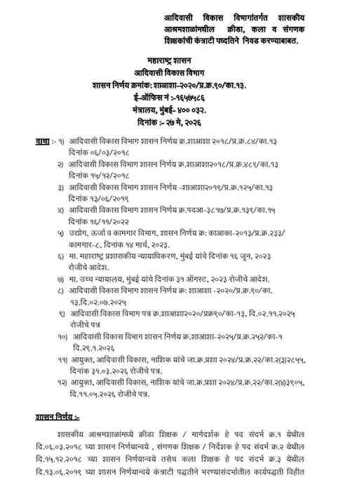 राज्यातील शाळामध्ये क्रीडा/कला शिक्षकांची नेमणूक करण्याबाबत Kala Krida Shikshak Nemnuk आदिवासी विकास विभागांतर्गत शासकीय आश्रमशाळांमधील क्रीडा, कला व संगणक शिक्षकांची कंत्राटी पध्दतिने निवड करण्याबाबत.