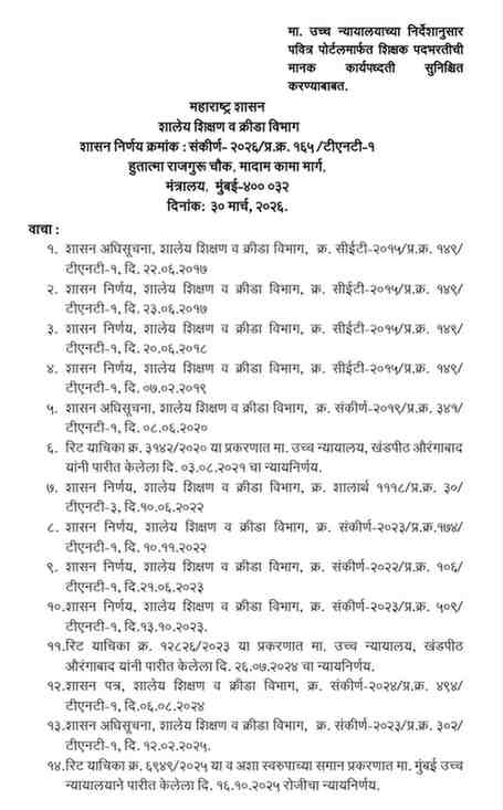 मा. उच्च न्यायालयाच्या निर्देशानुसार पवित्र पोर्टलमार्फत शिक्षक पदभरतीची कार्यपध्दती सुनिश्चित मानक करण्याबाबत शासन निर्णय Pavitra Portal Shikshak Padbharti Manak