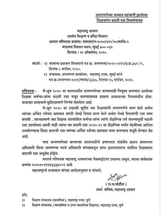 जनगणनेच्या कामात सहभागी झालेल्या शिक्षकांना बदली रजा अर्जित रजा मिळणे बाबत शासन निर्णय Earned Leave For Census Duty