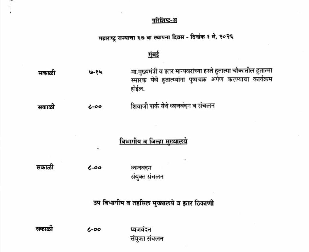 दि. १ मे, २०२६ महाराष्ट्र राज्याचा ६७ वा स्थापना दिनाचा कार्यक्रम आयोजित करण्याबाबत Maharashtra Rajya Sthapna Diwas Karykram दि. ०१ मे, २०२६ रोजी महाराष्ट्र राज्याचा ६७ वा स्थापना दिवस यामध्ये आवश्यक बदल करण्याबाबतMaharashtra Rajya Sthapna Diwas Karykram