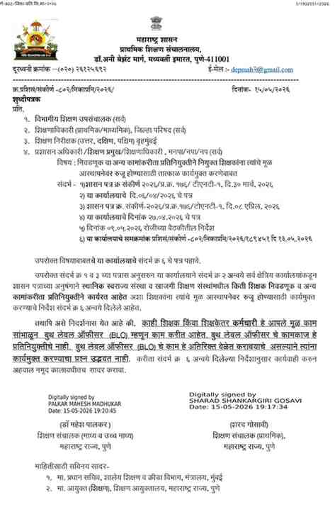 निवडणुक वा अन्य कामांकरीता प्रतिनियुक्तीने नियुक्त शिक्षकांना त्यांचे मूळ आस्थापनेवर रुजू होण्यासाठी तात्काळ कार्यमुक्त करणेबाबत Relieve Teachers On Deputation