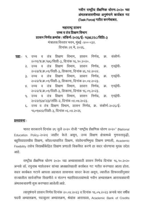 नवीन राष्ट्रीय शैक्षणिक धोरण-२०२० च्या अंमलबजावणीच्या अनुषंगाने कार्यबल गट (टास्क फोर्स) गठीत करणेबाबत NEP 2020 Implementation Task Force