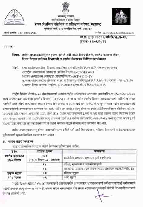 नवीन अभ्यासक्रमानुसार इयत्ता ३ री ते ८ वी साठी विषययोजना, शालेय कामाचे दिवस, विषय निहाय तासिका विभागणी व शालेय वेळापत्रक निश्चित करणेबाबत परिपत्रक Navin Abhyaskram Iyatta 3 Ri Te 8 Vi Vishyayojana Shaley Kamache Divas Vishay Nihay Tasika Vibhagani V Shaley Velapatrak