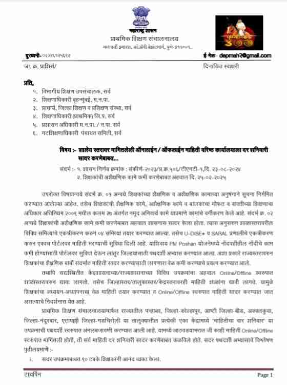 शालेय स्तरावर मागितलेली ऑनलाईन / ऑफलाईन माहिती वरिष्ठ कार्यालयाला दर शनिवारी सादर करणेबाबत Shaley Online Offline Mahiti Dar Shanivari Sadar Karane