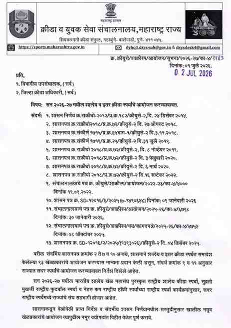 सन २०२६-२७ मधील शालेय व इतर क्रीडा स्पर्धांचे आयोजन करण्याबाबत