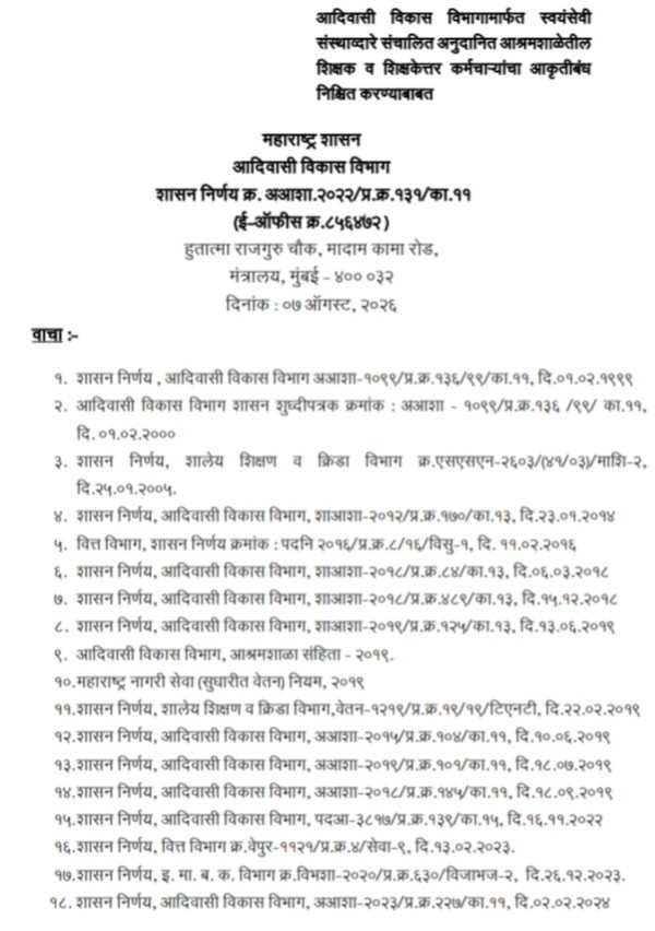 आदिवासी विकास विभागामार्फत स्वयंसेवी संस्थाव्दारे संचालित अनुदानित आश्रमशाळेतील शिक्षक व शिक्षकेत्तर कर्मचाऱ्यांचा आकृतीबंध निश्चित करण्याबाबत Aashramshala Shikshak Shikshakettar Karmchari Aakrutibandh